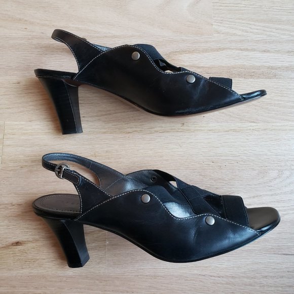 Ellen Tracy Black Leather Open-Toe Sling-back Stacked Heels- Size 8 M - EUC - Picture 4 of 8